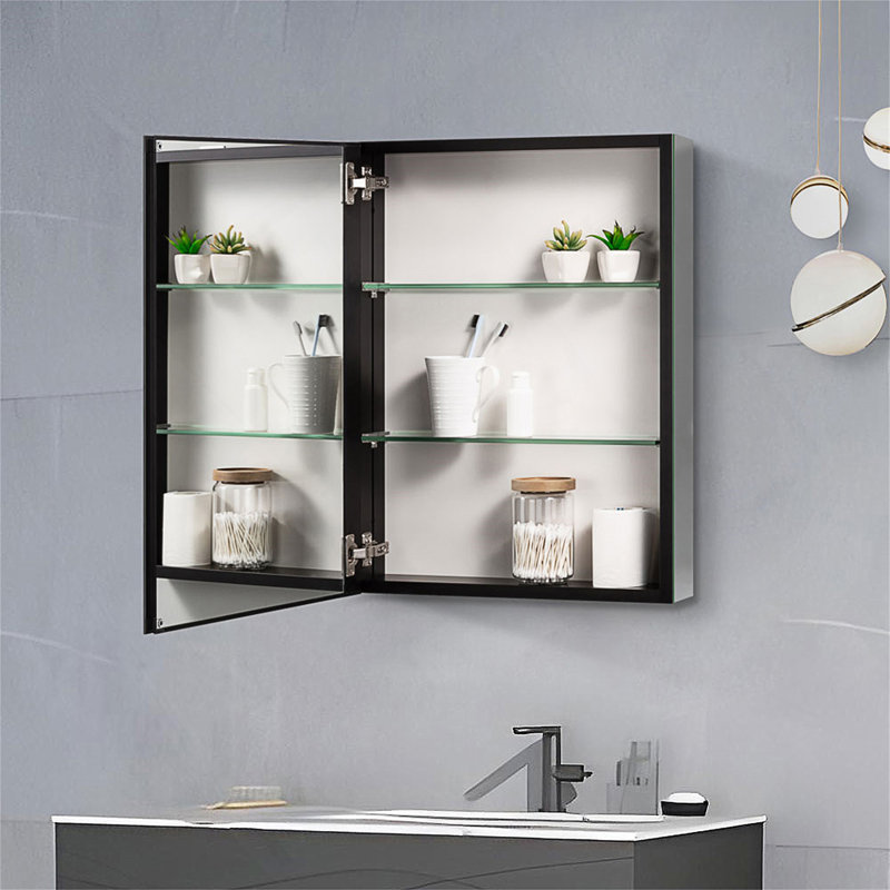Armoire à pharmacie 20 po x 26 po avec miroir à fixation en surface ou salle de bain encastrée en aluminium, Noir