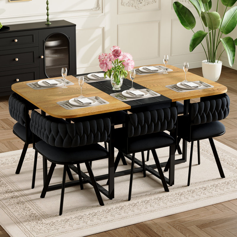 Modern 7-piece Dining Table Sets, Wood & Velvet, Compact Spaces