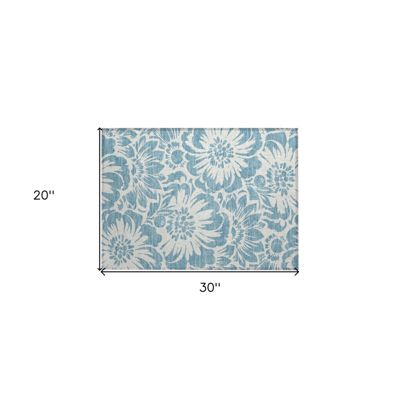 Tapis extérieur lavable antidérapant à motif floral denim et ivoire 2 pi x 3 pi
