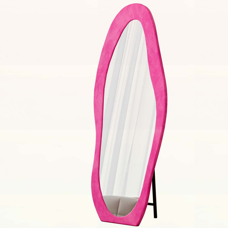 Irregular Wavy Mirror,Wooden Frame,Standing or Wall-Mounted for Elegant Home Decor, Rose Pink