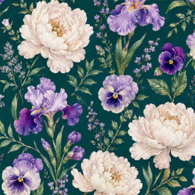 Papier peint pelez et collez Arrangement floral pivoines Iris Pensées vert foncé l 23,6 po x H 118 po Papier peint amovible auto-adhésif pour les chambres de bébé