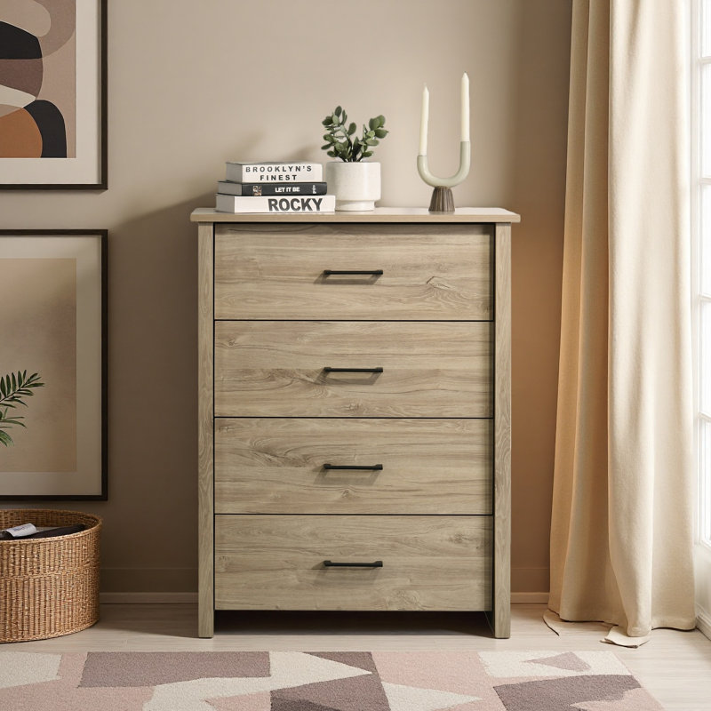 32"W 4-Drawer Chest With Silver Handles, Light Oak