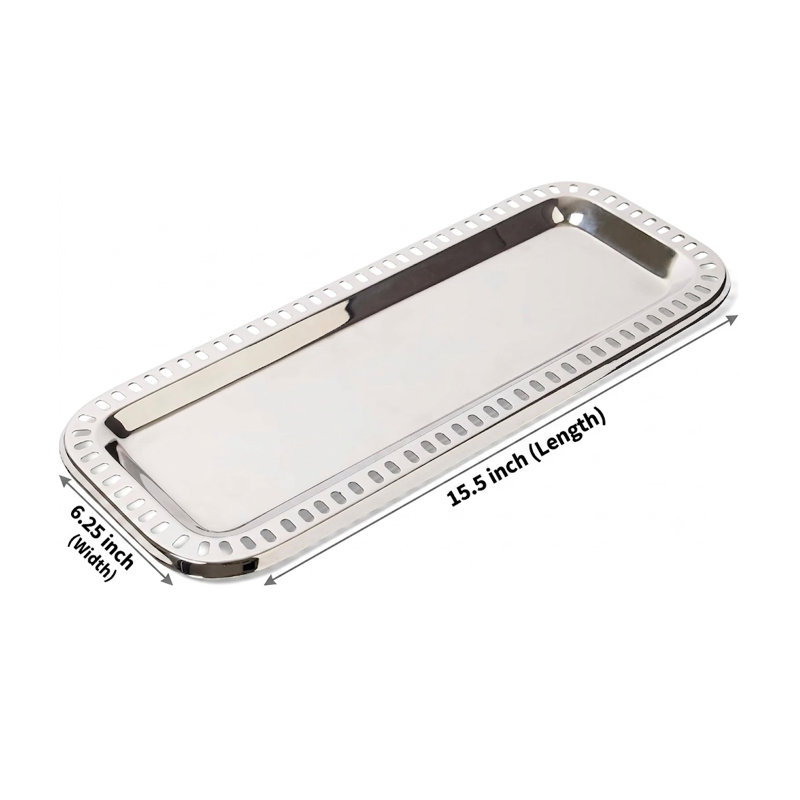 Plateau de service rectangulaire en acier inoxydable de 15,5 po x 6,25 po Eichner - Bordure découpée décorative - Poli miroir
