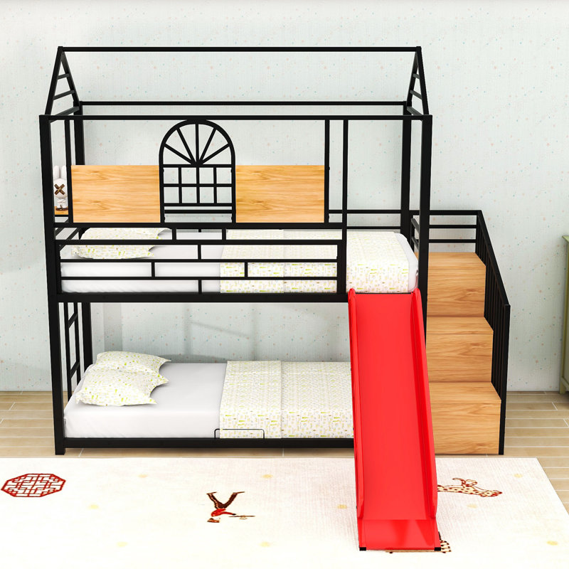 Twin Over Twin Bunk Bed With Built-In Slide, Safety Features And Storage Staircases, Black/Red