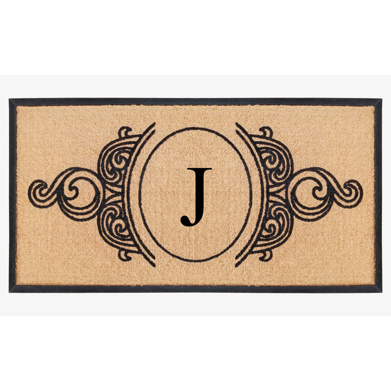 Tapis de porte en fibre de coco naturel et en caoutchouc monogrammé à la main Jahkobe Floral - 30 po x 60 po, robuste, durable et durable
