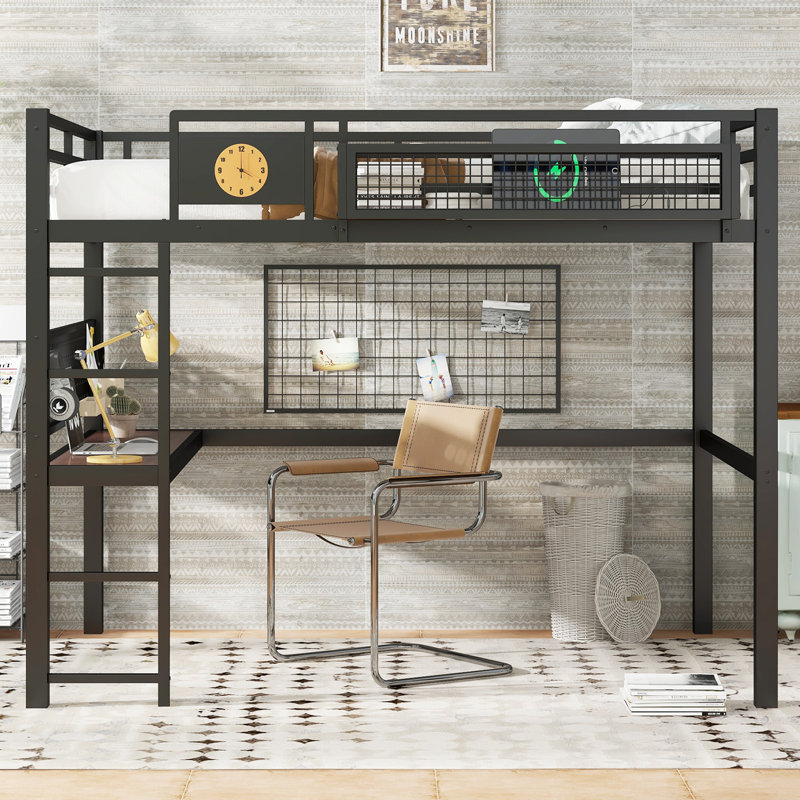 Queen Size Metal Loft Bed with Desk & Storage Basket – Built-In Clock & Charging Port, Black, Teens & Adults