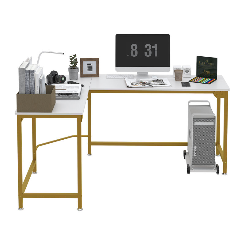 Willesden L-Shaped Steel Computer Desk, 29.52" H x 66.14" W x 18.9 " D, White/Gold