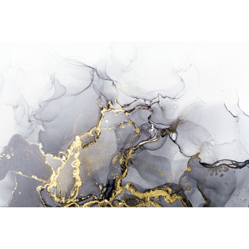 Grey And Shiny Golden Alcohol Ink Abstract Texture - Wrapped Canvas Painting, 81cm H x 122cm W x 3.8cm D