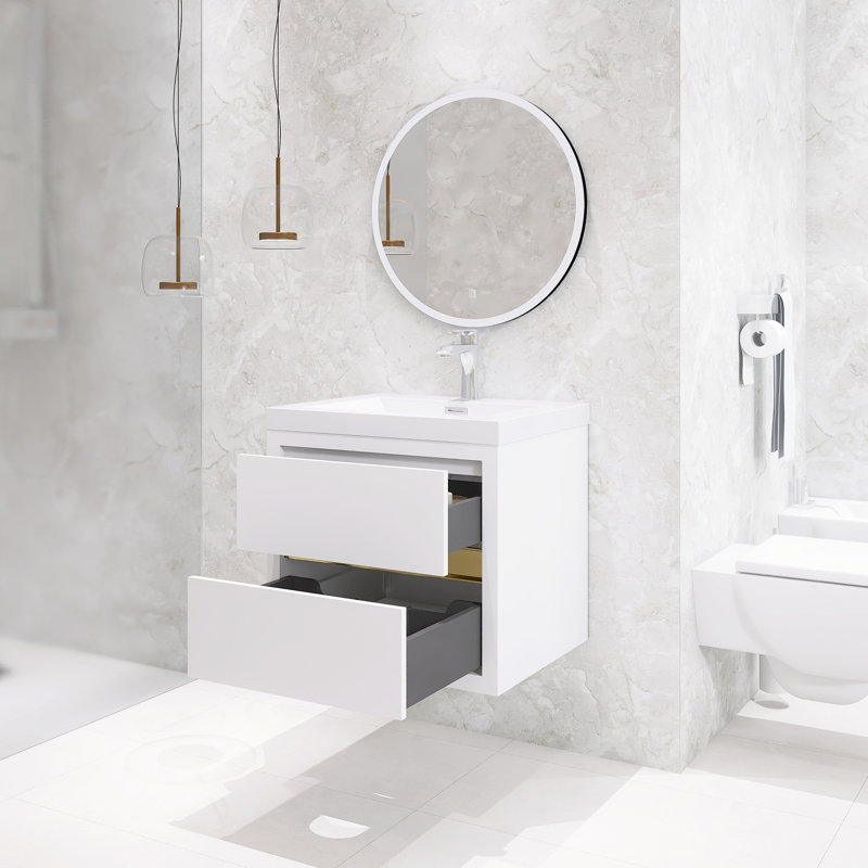 Ensemble de meuble-lavabo simple mural moderne 24 po avec lavabo en résine, Blanc lustré, 24"