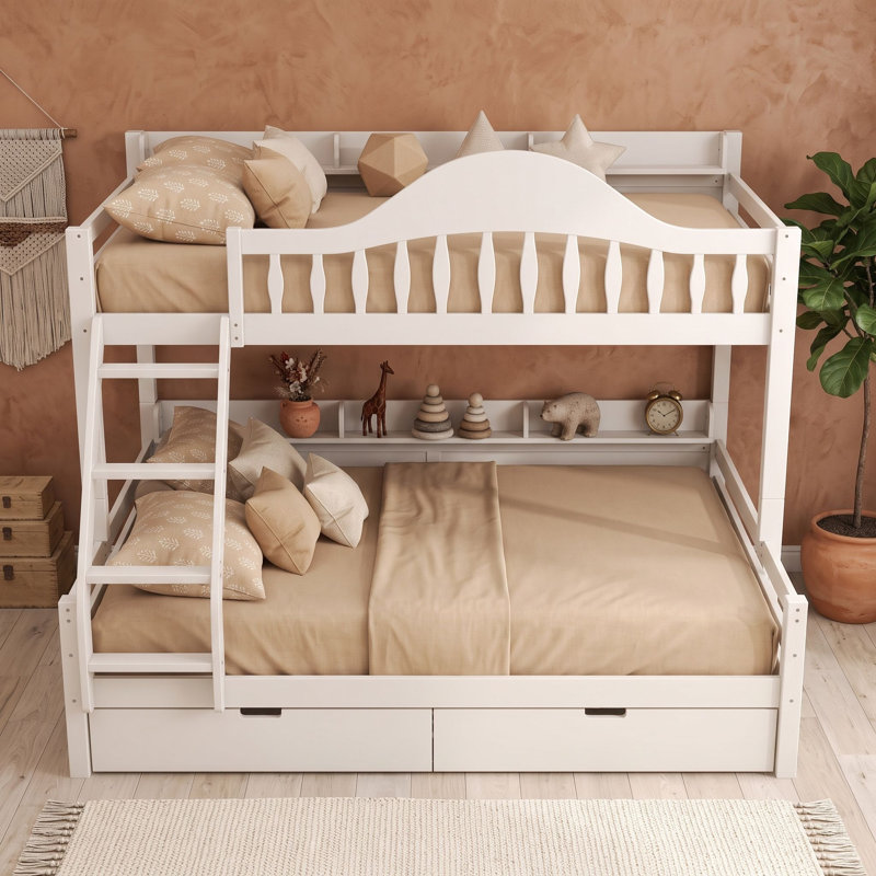 Lit superposé en bois avec étagères, échelle, sommier à lattes préinstallé et tiroirs, Jumeaux sur complet, Beige