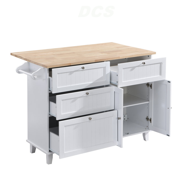 Farmhouse Kitchen Island Set With Drop Leaf And 2 Seatings,Dining Table Set With Storage Cabinet, Drawers And Towel Rack, White+Rustic Brown, Kitchen Island