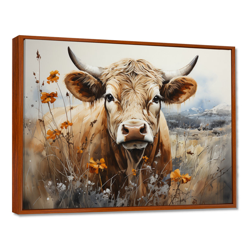 Wyre Cow In The Meadow III - Cow Canvas Prints, 34" H x 44" W, Floater Framed Print, Brown