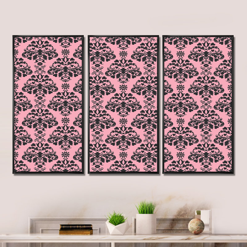 Fleurs damassées roses et noires - 3 pièces, reproduction sur toile, Cadre noir, H 28 po x l 36 po x P 1 po