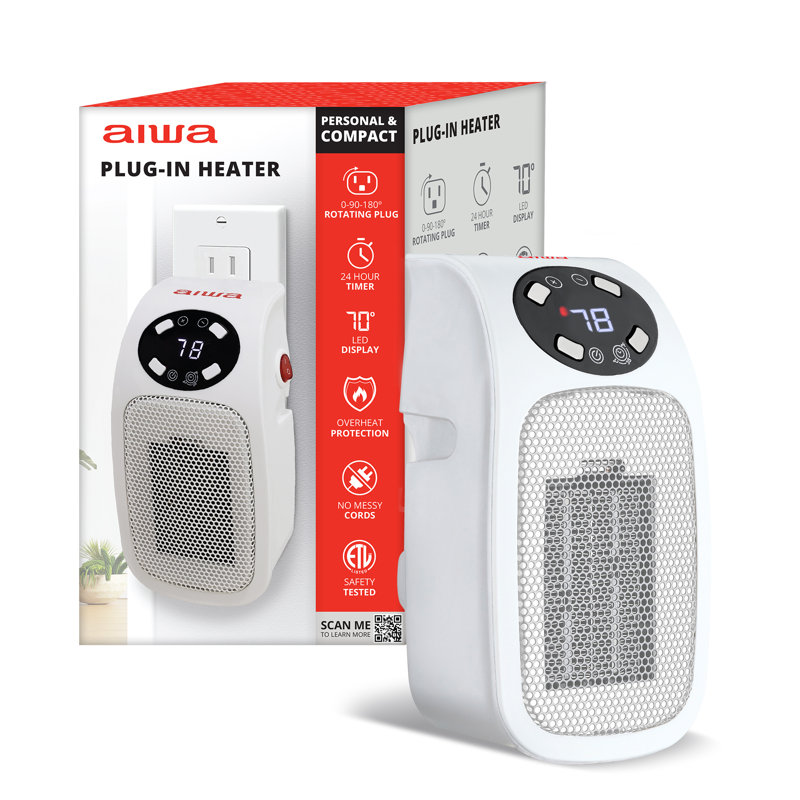 Outlet Plug-in Electric Space Heater, LCD Digital Screen, Up to 24 hour Timer - White, White