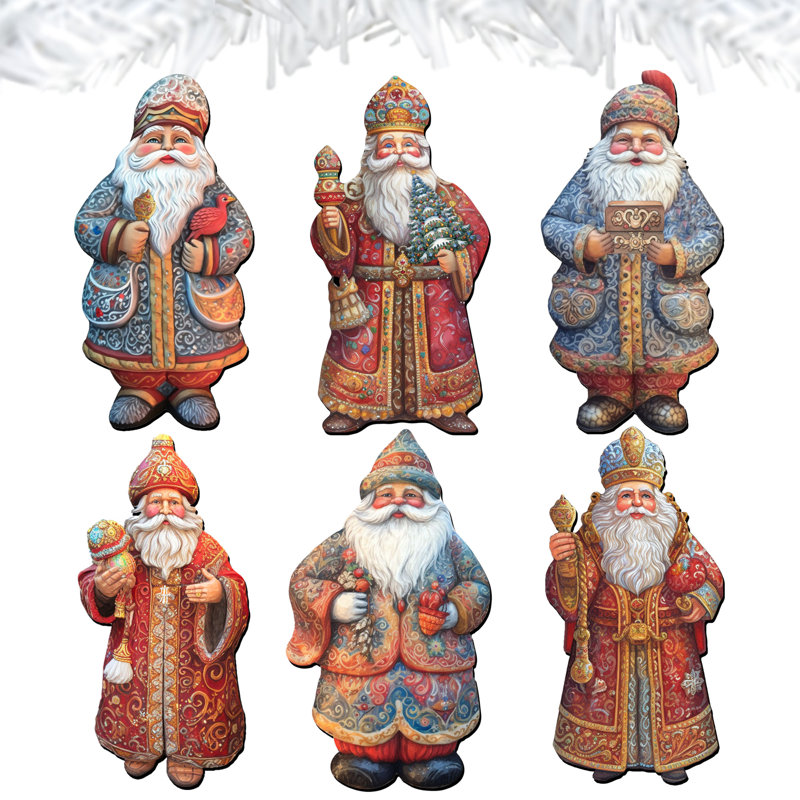 Ensemble de 6 ornements décoratifs à pince en bois pour le Père Noël par G. Debrekht