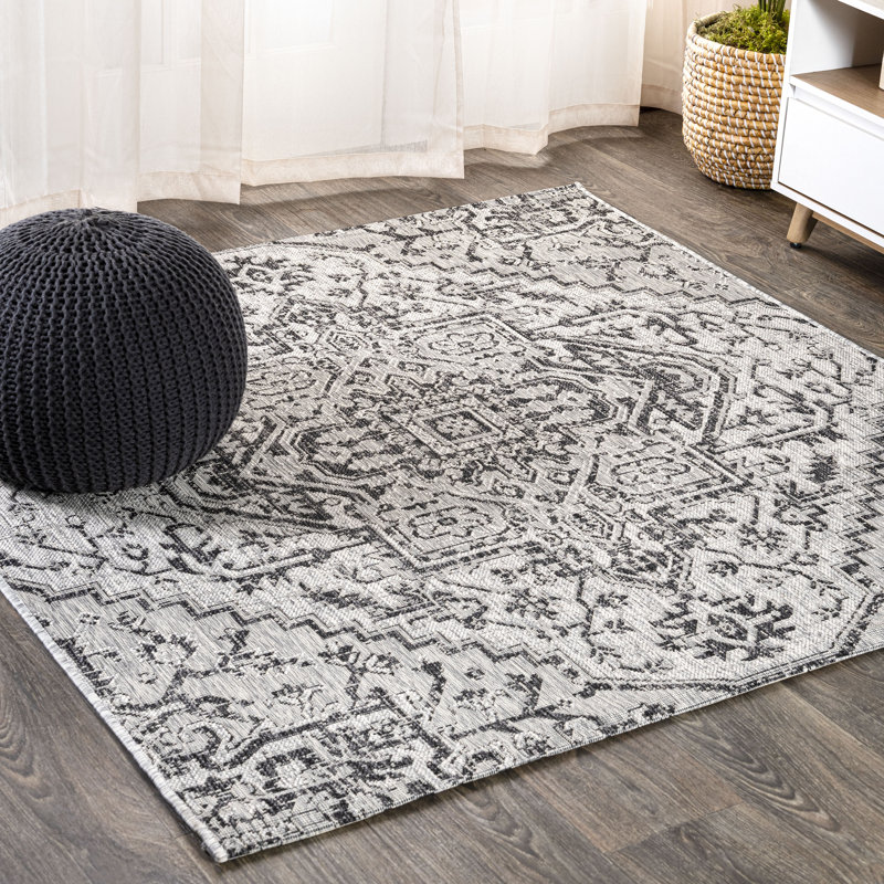 Truman Bohemian Medallion Textured Weave Black/Gray Indoor/Outdoor Rug, Square 6'7"