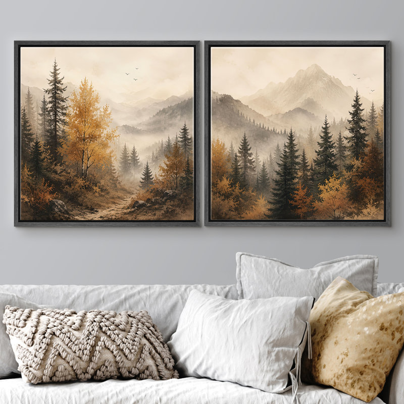 Misty Mountain Pine Forest with Warm Autumn Trees and Rustic Nature, ensemble de 2 reproductions d'art encadrées, Cadre noir