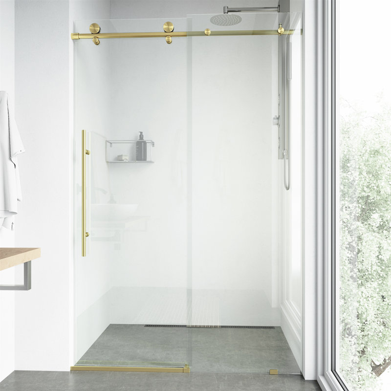 Elan E-Class 44-48" W x 76" H Sliding Frameless Shower Door with 3/8" Clear Glass, Matte Brushed Gold