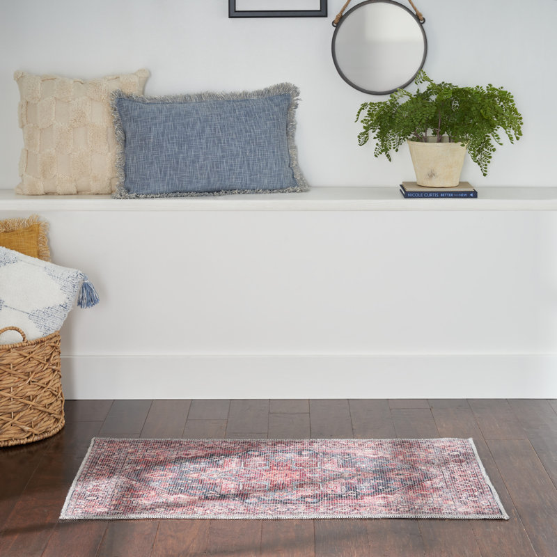 Machine Washable Oriental Blue/Brick Red Area Rug, Rectangle 2' x 3'9"