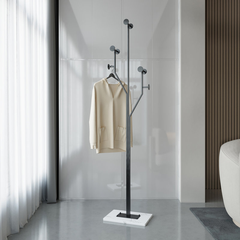 Steel Freestanding 8 - Hook Coat Rack with Elegant Marble Base, Rectangular Tube Tree-Shaped Style