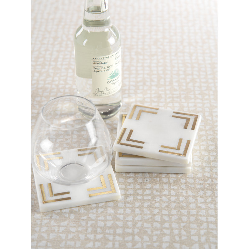 White Marble and Gold Accent Square Coaster Set
