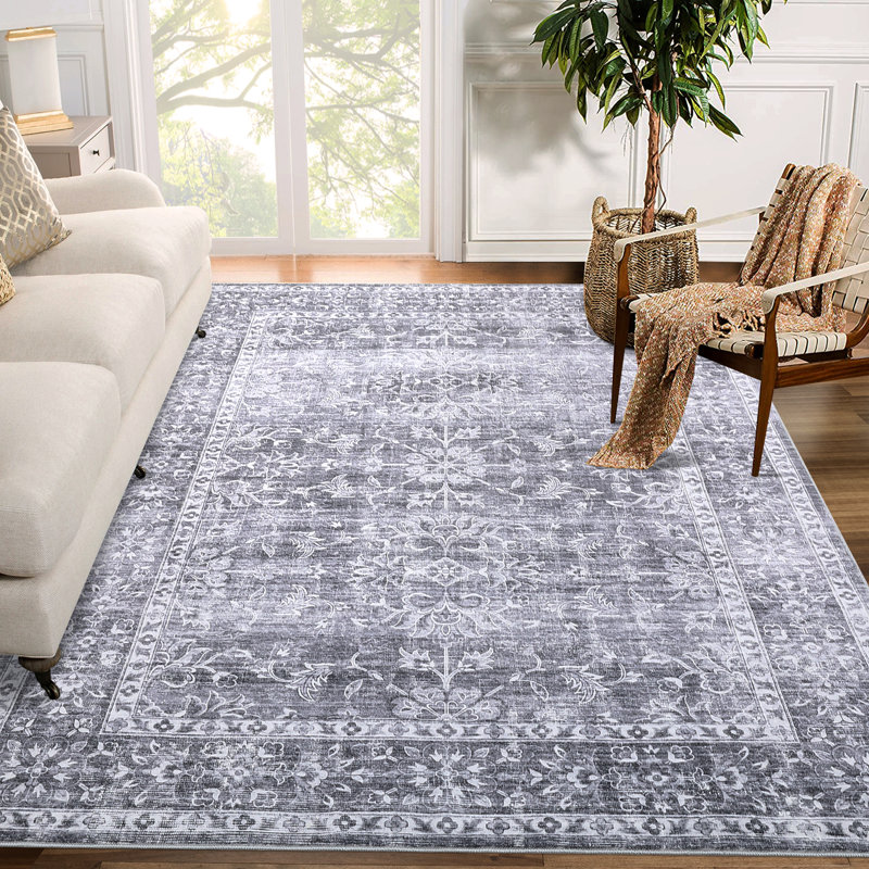 Oriental Machine Washable Rug for Living Room Floral Indoor Carpet for Home Decor Aesthetic Non-Slip Vintage Rug for Bedroom Dining Room Hallway Kitchen Office Nursery Playroom Teen Dorm
