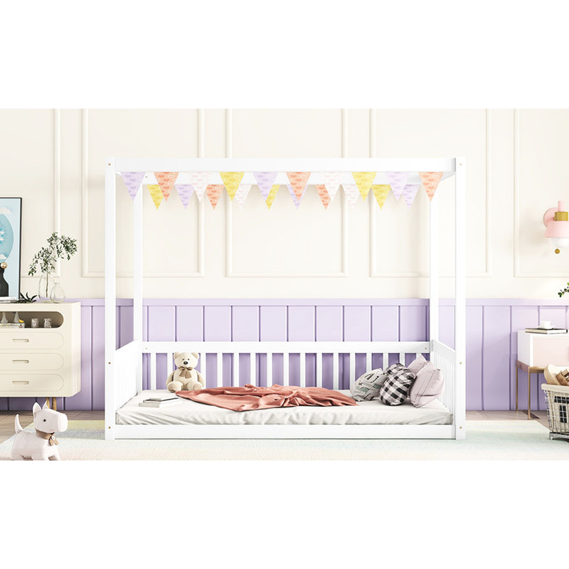 Lit de plancher avec structure à baldaquin et garde-corps, taille double, blanc - pin durable pour des garde-corps de taille A