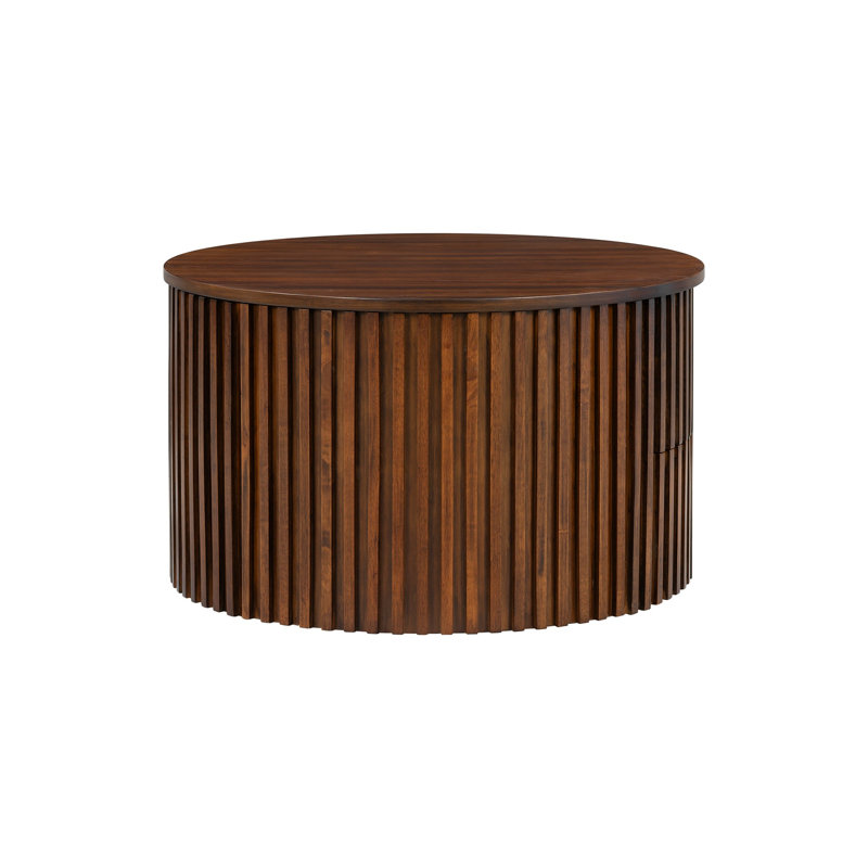 Table basse ronde à plateau relevable cannelé avec rangement caché, Brown