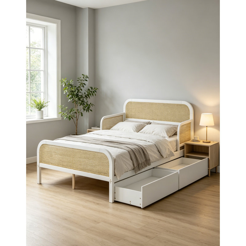 Lit plateforme double en rotin et bois avec 2 tiroirs de rangement, tête de lit et pied de lit pour enfants, White