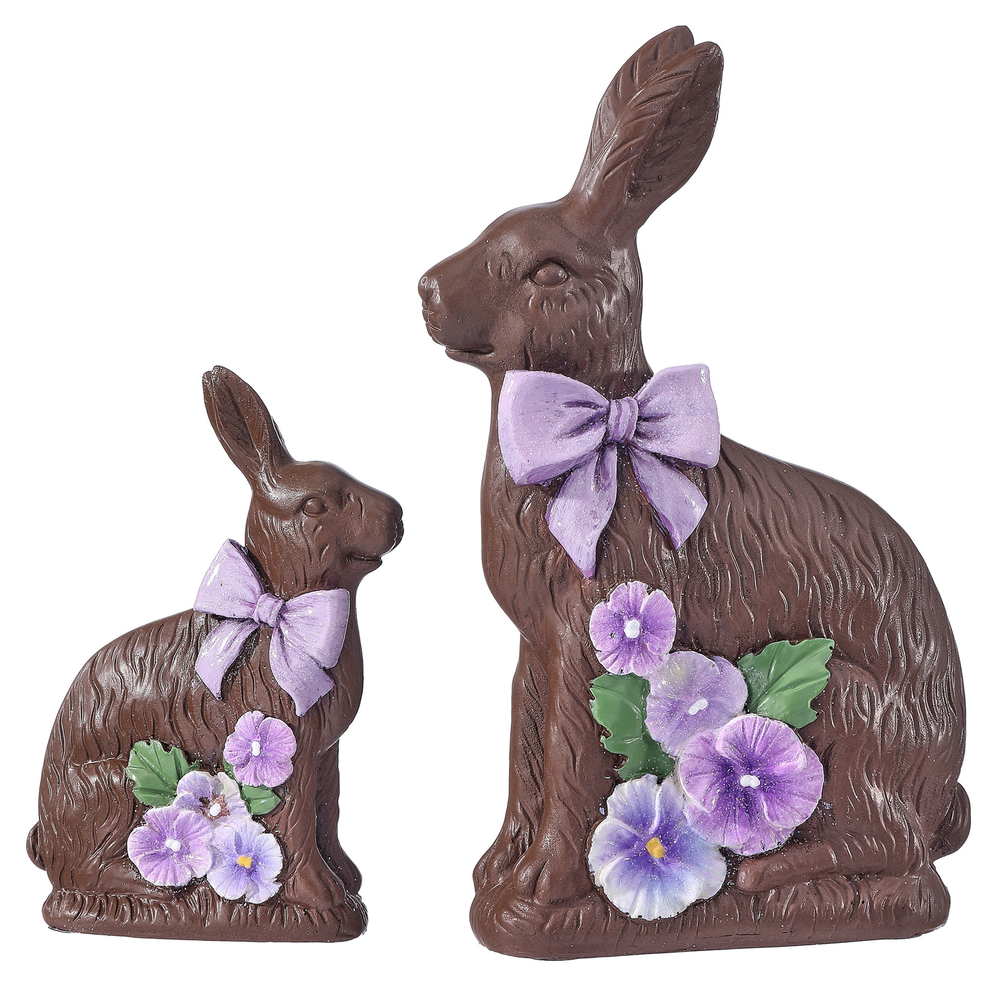 5-7.5" Resin Chocolate Bunny With Pansy Set of 2, Brown