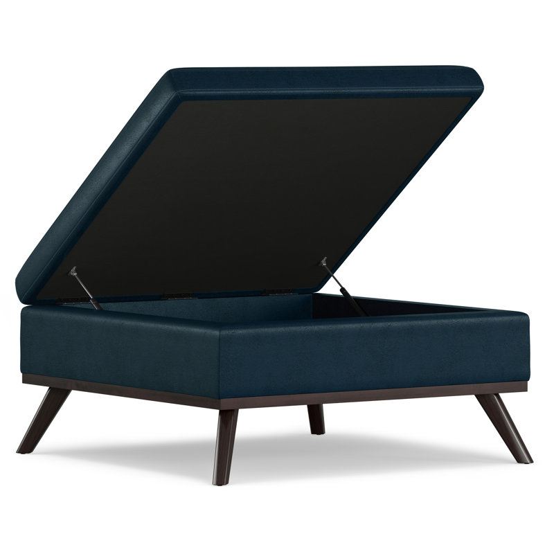 Owen 36"W Upholstered Mid-Century Modern Square Lift-Top Ottoman with Tufted Detail, Distressed Dark Blue Vegan Faux Leather