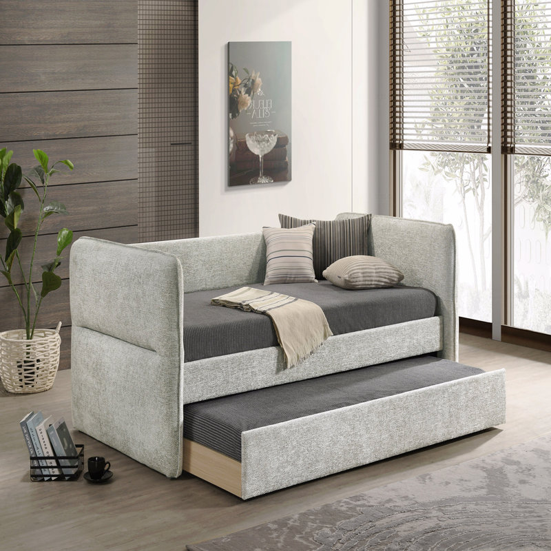 1Pc Modern Daybed Pull Out Trundle Button Tufted Nailhead Trim Bedroom Living Room Furniture, Light Gray