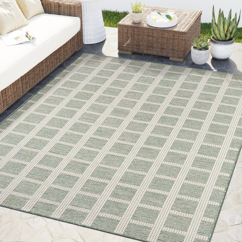 Abani OCE110B Striped Green Cream Indoor/Outdoor Area Rug, Rectangle 5'3" x 7'6"