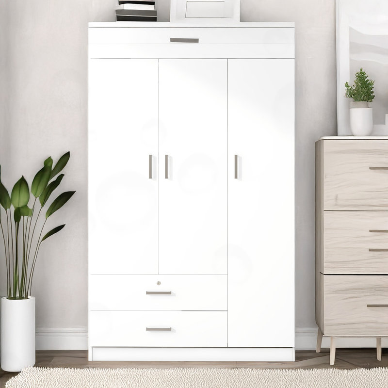 Armoire 3 portes avec 2 tiroirs, Blanc