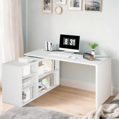 Bureau d'ordinateur en L 55 po réversible avec tablettes d'armoire, poste de travail industriel réglable en bois pour travailler