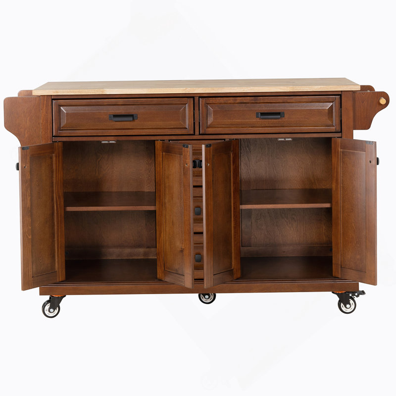 Kitchen Island With Rubber Wood Countertop, Kitchen Cart On 5 Wheels With Storage Cabinet, Mahogany