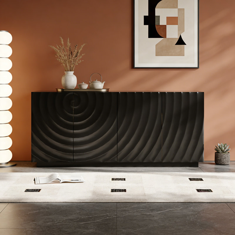 Buffet moderne à 4 portes avec texture ondulée 3D et rangement spacieux pour le salon ou la cuisine., Noir