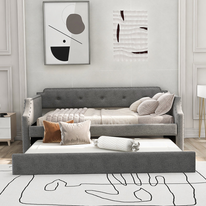Upholstered Daybed With Trundle, Wood Slat Support,Upholstered Frame Sofa Bed, Blue