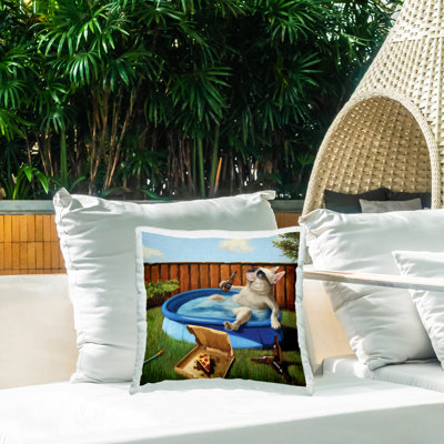 Coussin d'extérieur «French Bulldog Relaxing Summer Pool Beverage» par Lucia Heffernan
