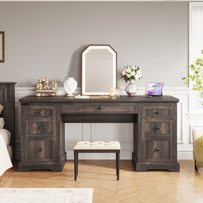 55'' Dark Rustic Oak Executive Desk with Power Outlet and USB Port