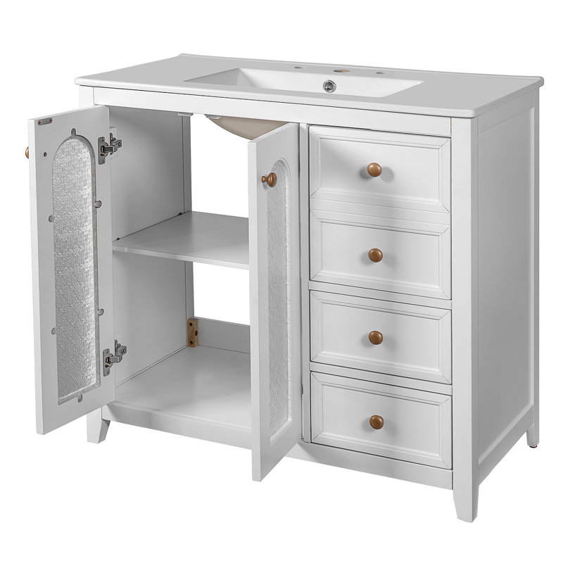 Meuble-lavabo de 36,02 pouces avec deux portes à fermeture douce, des tablettes réglables et trois tiroirs