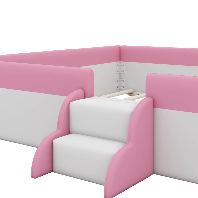 Upholstered Daybed Frame With Fence And Stairs, Queen, Pink/White