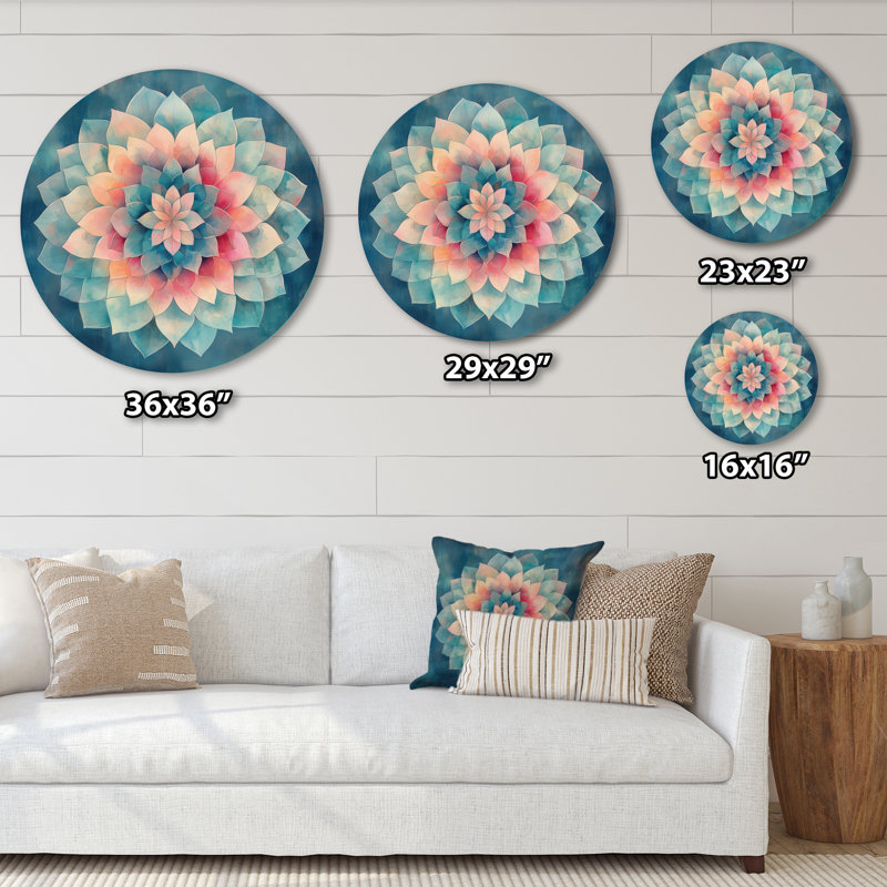 Mandala géométrique dans des tons pastel délavés - Décoration murale géométrique ronde en métal, L 36 po x H 36 po