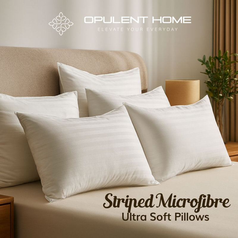 Opulent Home Ultra Soft Striped Pillow – Breathable Microfibre Cover Bed Pillows | Soft Medium (Back Sleepers) & Medium Firm (Side Sleepers) | Packs of 1, 2 & 4