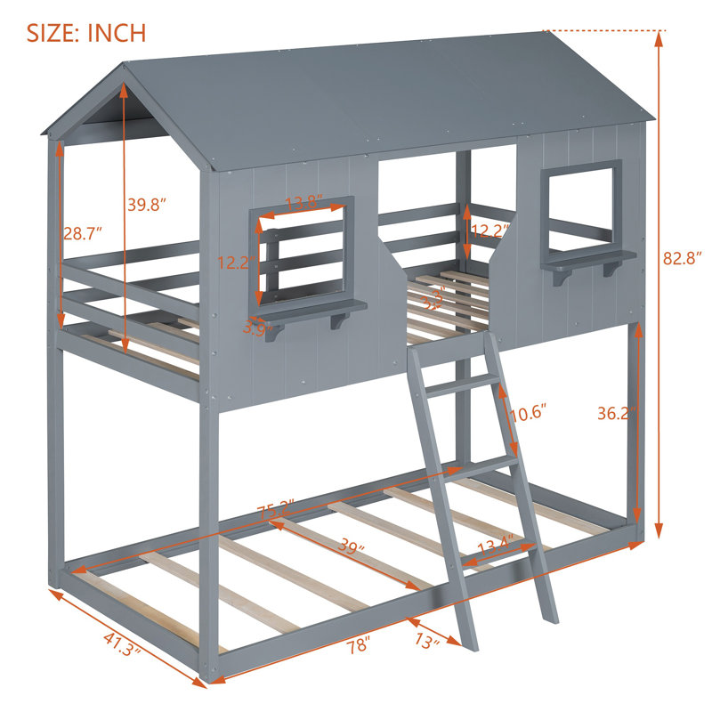 Lit superposé simple au-dessus d'un lit simple en bois avec toit, fenêtre, garde-corps et échelle, Gris