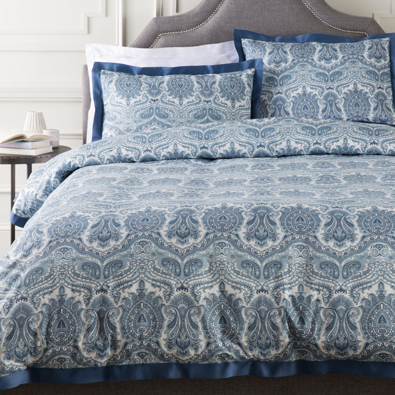 Griffin Modern & Contemporary Cotton Damask Duvet Cover, Full/Queen Duvet Cover, Blue