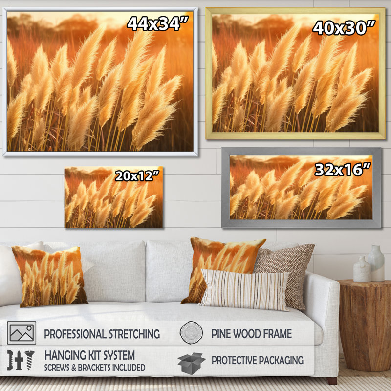 «White Pampas Meadows At Sunset» sur toile, H 12 po x l 20 po x P 1 po, Cadre simple argenté