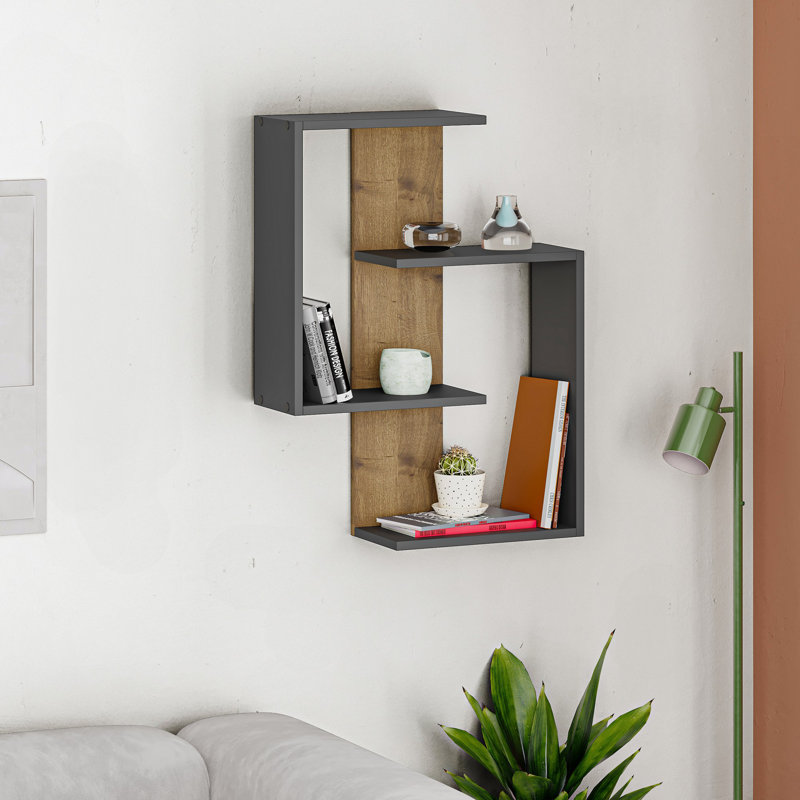 Modern Wall Shelf, Anthracite & Oak, 25.2 x 33.5 x 8.7 inches | 100% Melamine Coated Particle Board, Thickness: 0.7 inches | Numerous Shelves, Wall-Mountable, Stylish Industrial Design for Home & Office