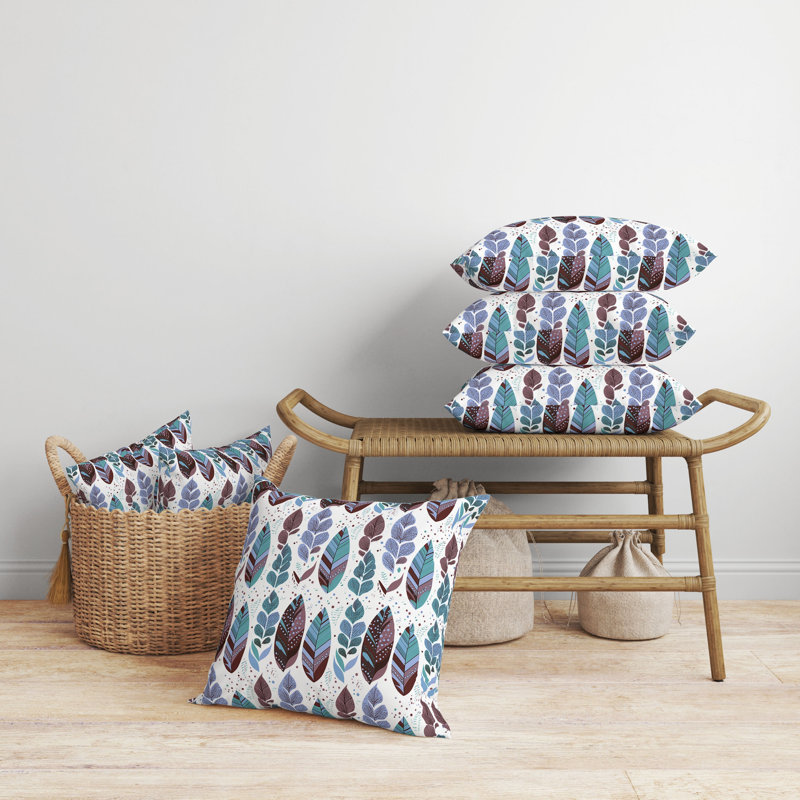 Coussin Tribal Leafy Treasures, H 20 po x l 20 po, Brun / floral bleu sarcelle