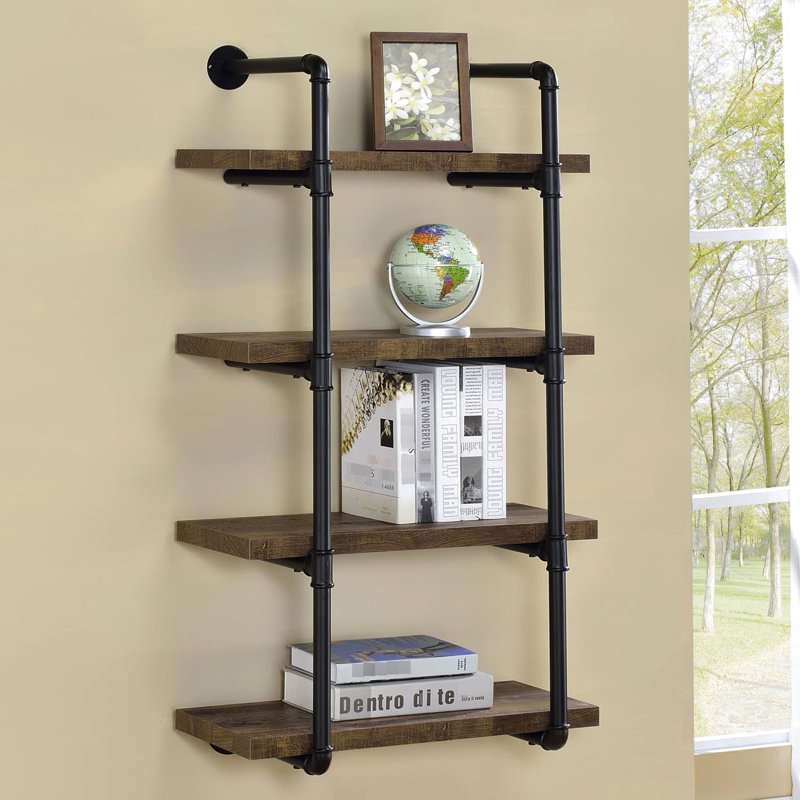 Black And Rustic 4 Shelf For Office, Space Feature Oak Functional Shelving Unit, Black/Brown